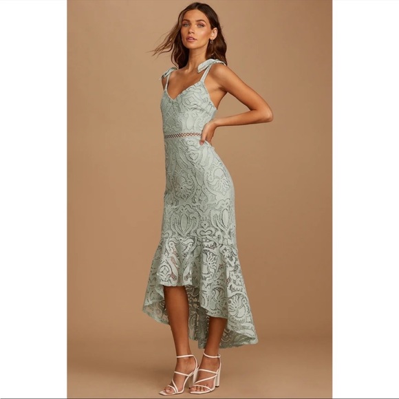 NWOT Lulu’s Won Your Heart Sage Green Lace Tie-Strap High-Low Dress - Picture 3 of 12